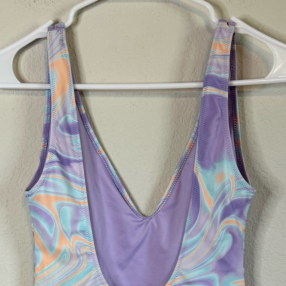NWPT Forever 21 Purple Slick One Piece Plunge V Neck Swim Suit Bathing Suit - Picture 6 of 8